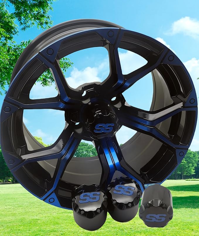Golf Cart SS Wheel Center Cap Cover, ITP Push in Style Wheel Hub Caps for EZGO Club Car Yamaha and Other Models 8,10,12,14 inch Wheel,4 PCS (Gloss Black with Blue SS)