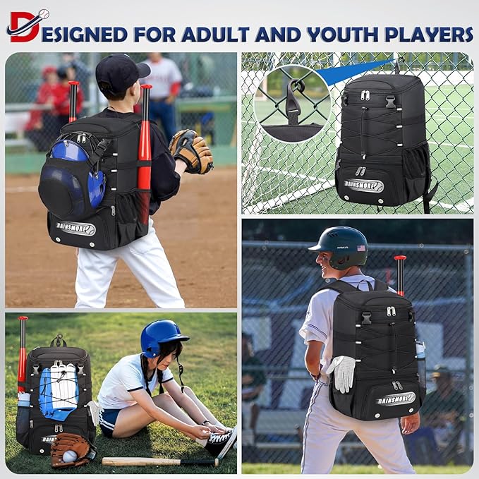 RAINSMORE Baseball Bag for Youth & Adult Lightweight Softball Bat Bag with Shoe Compartment, External Helmet Holder and Fence Hook Waterproof Baseball Backpack Hold T-Ball, Bat and Softball Equipment