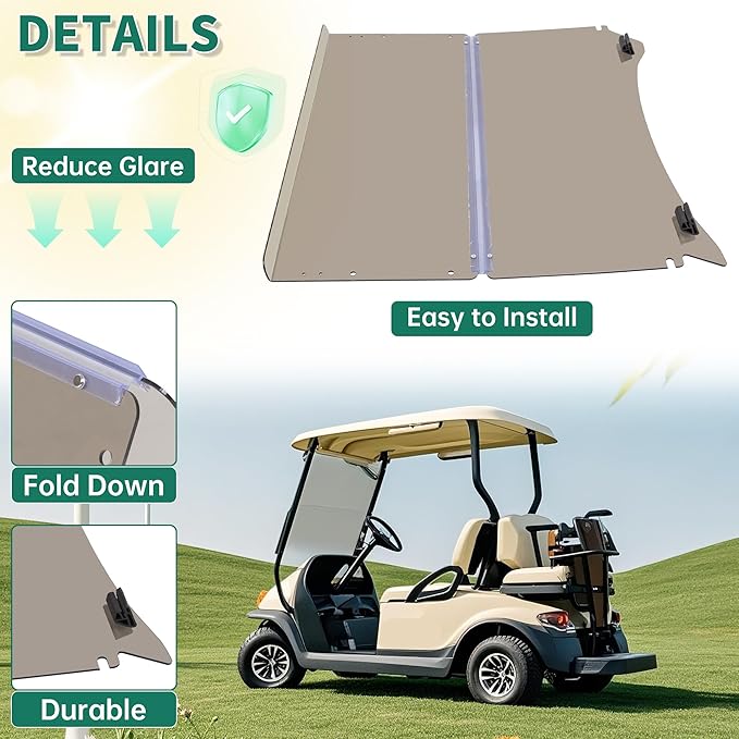 ECOTRIC Golf Cart Tinted Foldable Windshield Compatible with 2004-UP Club Car Precedent,Tempo,Onward Gas or Electric Models Golf Cart Folding Down Impact Resistance HD View Front Windshield