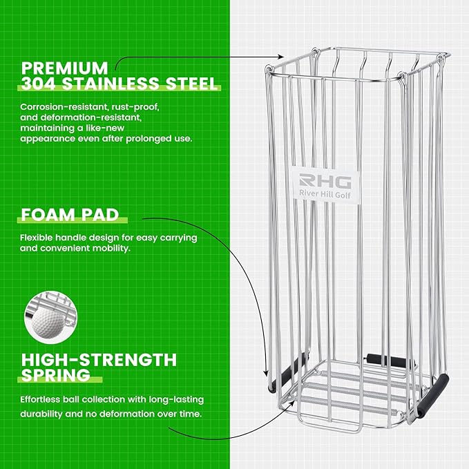 Golf Ball Retriever, 304 Stainless Steel Golf Ball Picker Upper, 2-in-1 Design Golf Ball Collector and Basket Hold Up 140 Balls, Rust-Free Shag Bag Grabber Collector Tool Bucket Simulator Accessories