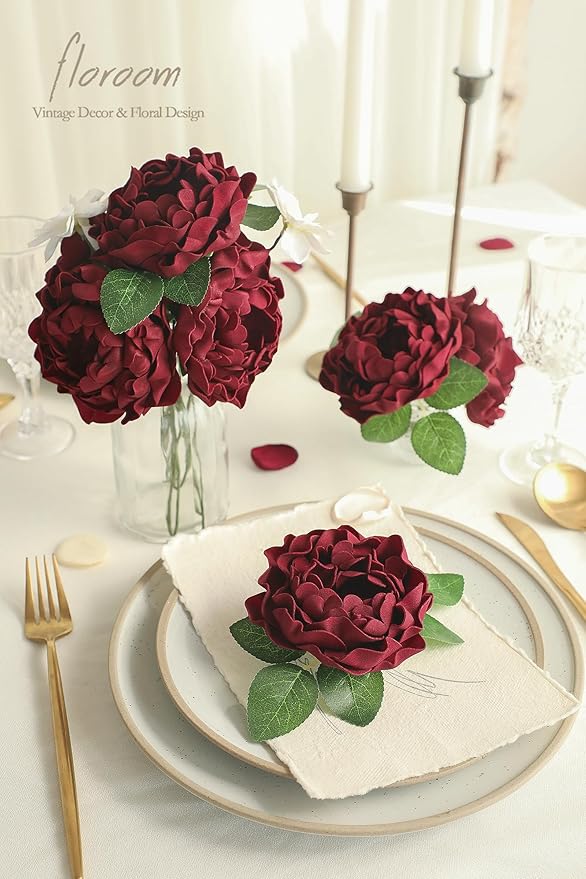 Floroom Artificial Flowers 16pcs 4" Burgundy Blooming Peonies Real Looking Foam - Image 2
