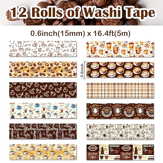 12 Rolls Coffee Washi Tape Set, Vintage Coffee Decorative Tapes, Retro Brown - Image 2