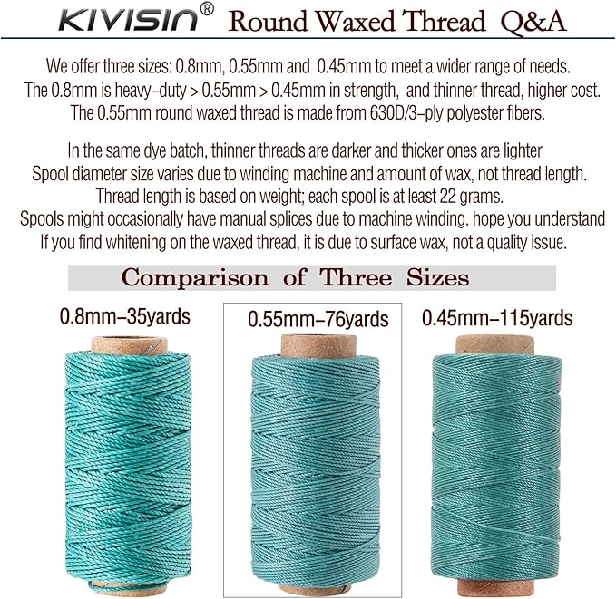 0.55mm Bonded Round Waxed Polyester Thread 76 Yards Each, 12 Rainbow Color Wax - Image 5