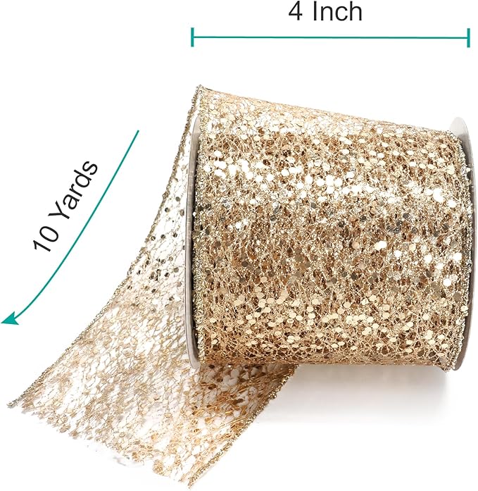 CT CRAFT LLC Sparkling Glitter Mesh Wired Ribbon 4" x 10 Yards Champagne Gold - Image 2