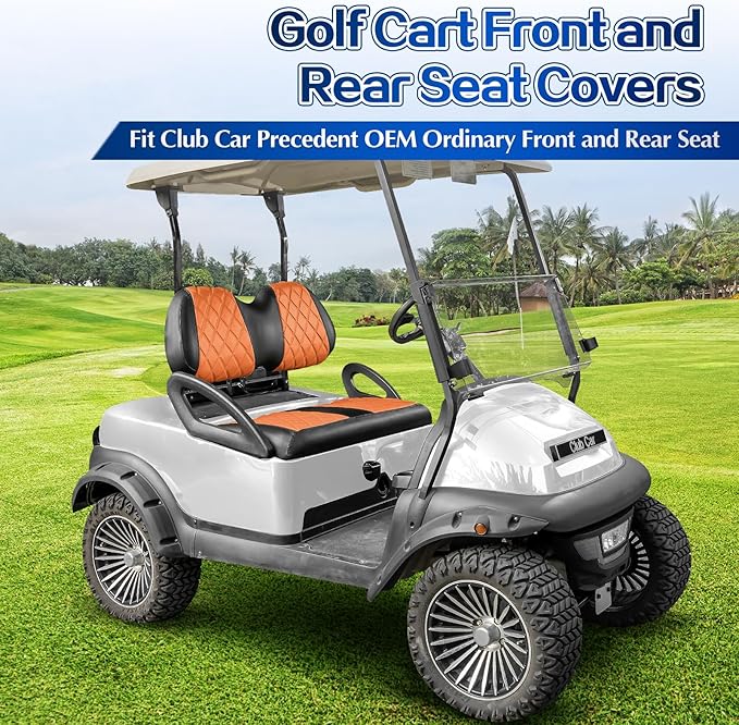 NOKINS 4PCS Golf Cart Diamond Seat Covers Kit,Front and Rear Seat Covers for Club Car Precedent/EZGO TXT/Yamaha Original Regular Seat Cushion (Orange and Black, Club Car Precedent)