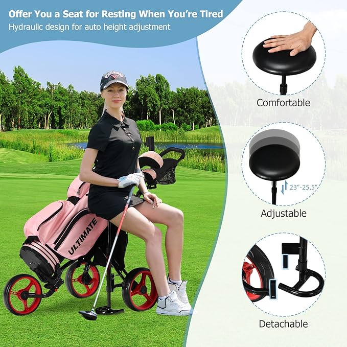 Tangkula Golf Push Pull Cart with Seat, Lightweight Folding 3 Wheels Golf Push Cart, Golf Trolley W/Storage Bag, Foot Brake, Adjustable Umbrella Holder & Seat, 4 Height Position Handle (Red)