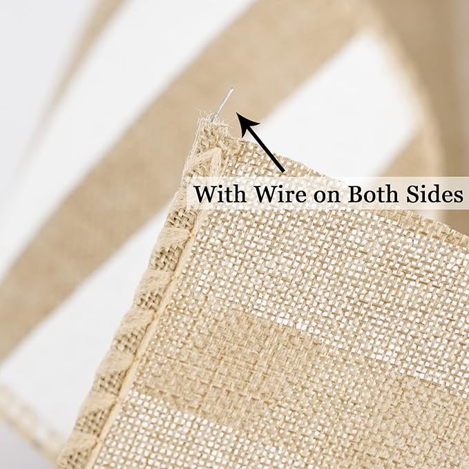 MEEDEE Burlap Ribbon with White Stripe Burlap Ribbon 2.5 Inch Wired Ribbon - Image 7