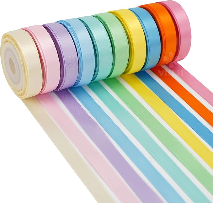 MEEDEE Pastel Rainbow Ribbon Assortment Satin Rainbow Colored Ribbon 3/8" X 50 by MEEDEE