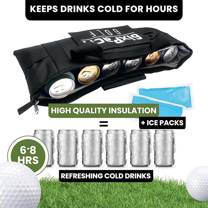 Golf Cooler Bag with 2 Ice Packs - Insulated Golf Bag Cooler Holds 6 Cans, Fits Most Golf Bags - Soft Portable Cooler for Hot Days on the Course, Golf Accessories for Men