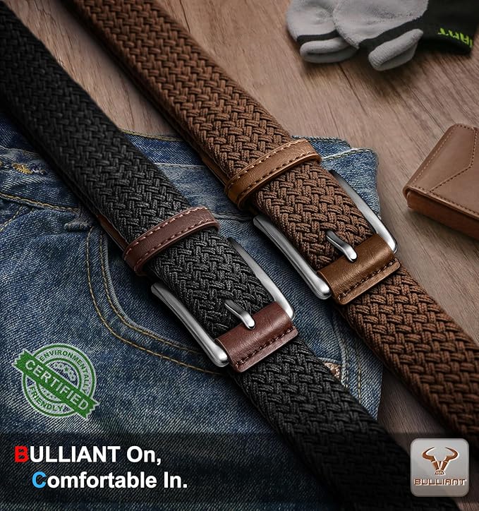 BULLIANT Belt for Men 2Pack,Mens Gift Stretch Braided Web Belt Elastic for Casual Golf Jeans,1 3/8"