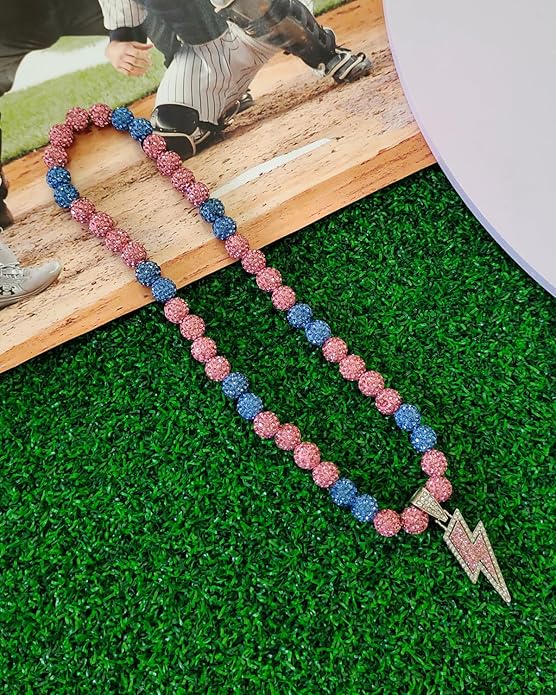 Baseball Necklace for Men 16/18/20 Inch Bling Ice Collection Lightning Bolt Pendant Necklace for Women Rhinestone Clay Beaded Discoball Accessories Gifts for Baseball Team Players Lovers