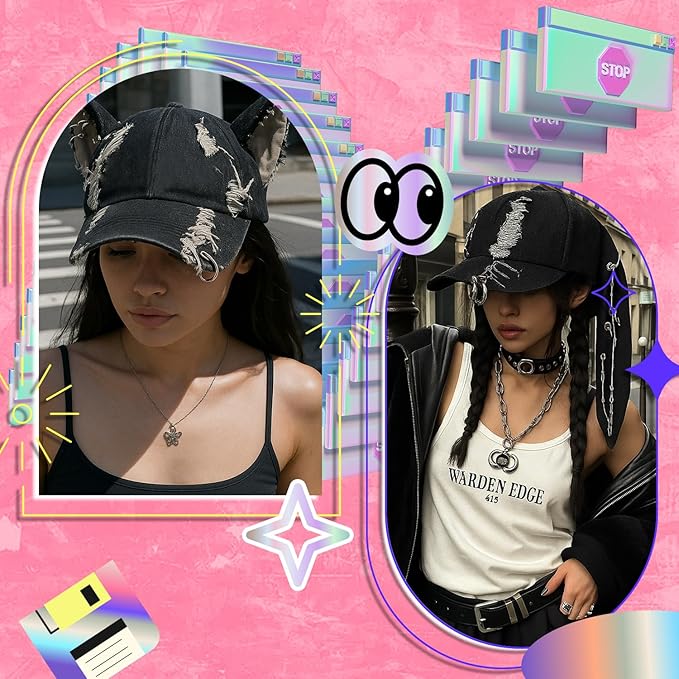 Shyyween Y2K Grunge Hat with Ears Bunny Ear Hat Cat Distressed Denim Baseball Cap Iron Ring Punk Outfit for Women Accessories