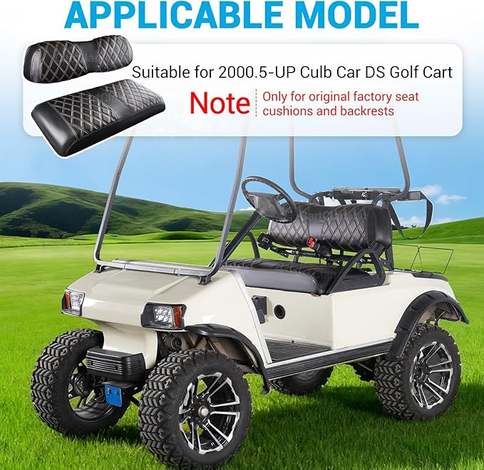 Golf Cart Diamond Seat Covers Kit Suitable for 2000.5-UP Club Car DS Standard Front Seat Cushion, Club Car Front Seat Covers Kit No Drilling & Waterproof (Black PVC Leather & Brown Stitching)