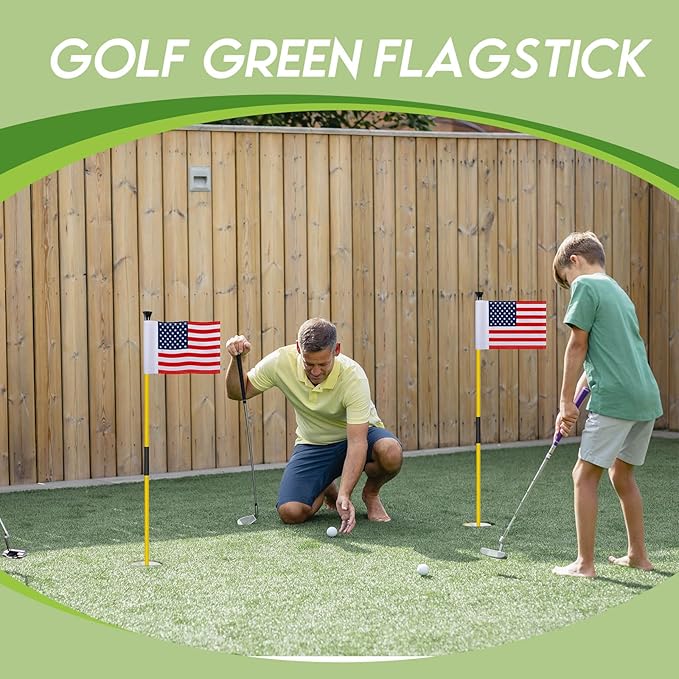 Meooeck 2 Pack Golf Flagstick 3ft Putting Green Pin Flag and Hole Cup Set for Yard Portable 2 Section Fiberglass Mini Golf Set for Driving Range Backyard, Double-side American Flag