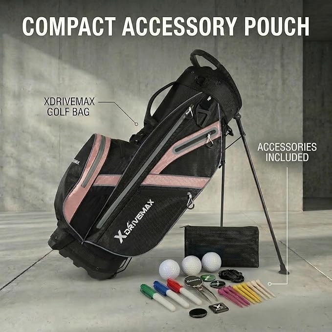 XDriveMax Golf Stand Bag with Accessory Pack, Lightweight 8-Way Top Dividers Golf Bag with Stand, Includes Insulated Cooler Pocket, Dual Strap & Rain Cover