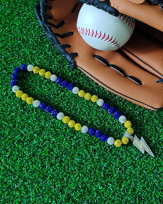 Baseball Necklace for Men 16/18/20 Inch Bling Ice Collection Lightning Bolt Pendant Necklace for Women Rhinestone Clay Beaded Discoball Accessories Gifts for Baseball Team Players Lovers