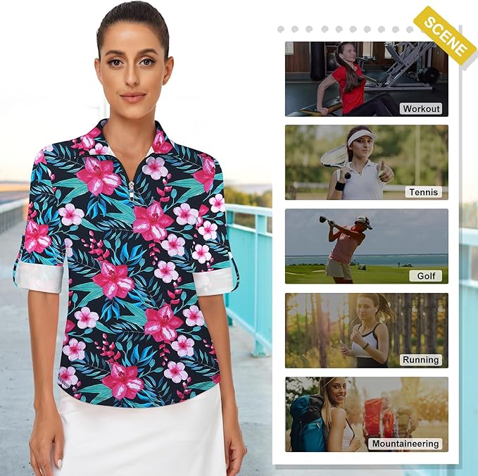 Koscacy Women's 3/4 Roll Sleeve Golf Tennis Polo Shirts UPF50+ Half Zip Dry Fit Workout Tops Athletic Shirt
