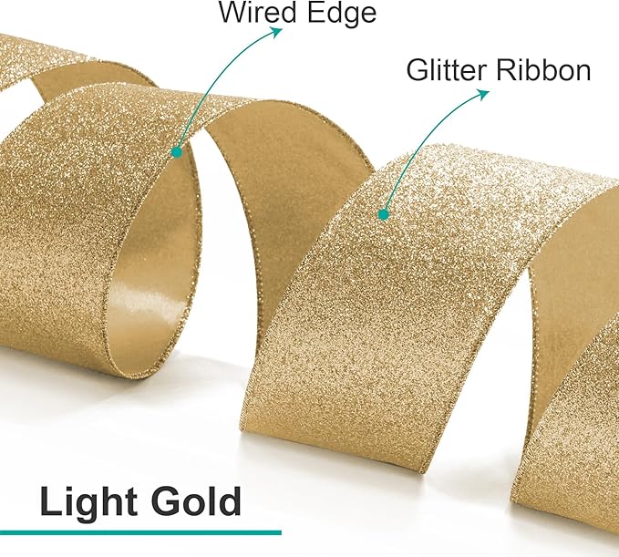 CT CRAFT LLC Glitter Wired Ribbon 1.5" x 10 Yards Light Gold - Image 3