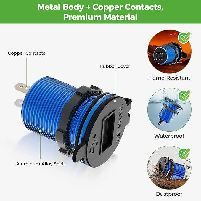10L0L 9V-55V Input Golf Cart Quick Charge 3.0 Dual USB Charging Socket,2 in 1 USB Ports & Digital Voltmeter Universal for Club Car,EZGO and Yamaha,Metal Shell Safe Charge Outlet