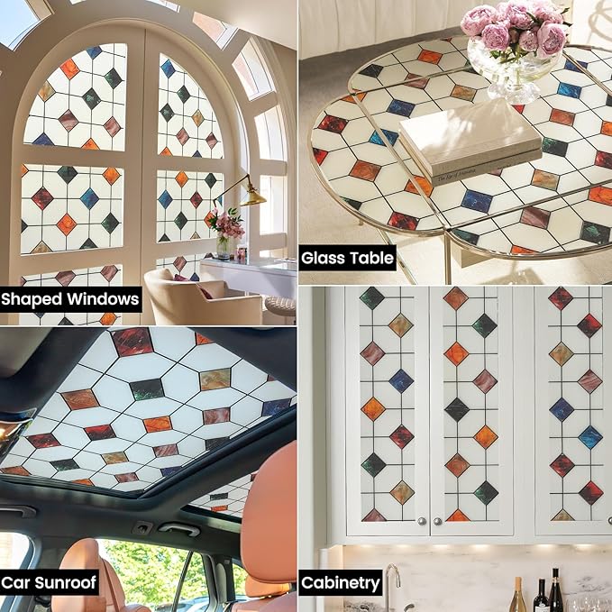 DKTIE Stained Glass Window Film Geometric Patterns, Fine Frosted Window Clings - Image 5