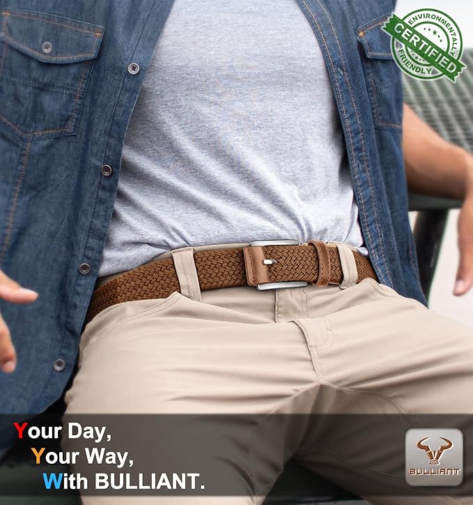 BULLIANT Belt for Men 2Pack,Mens Gift Stretch Braided Web Belt Elastic for Casual Golf Jeans,1 3/8"