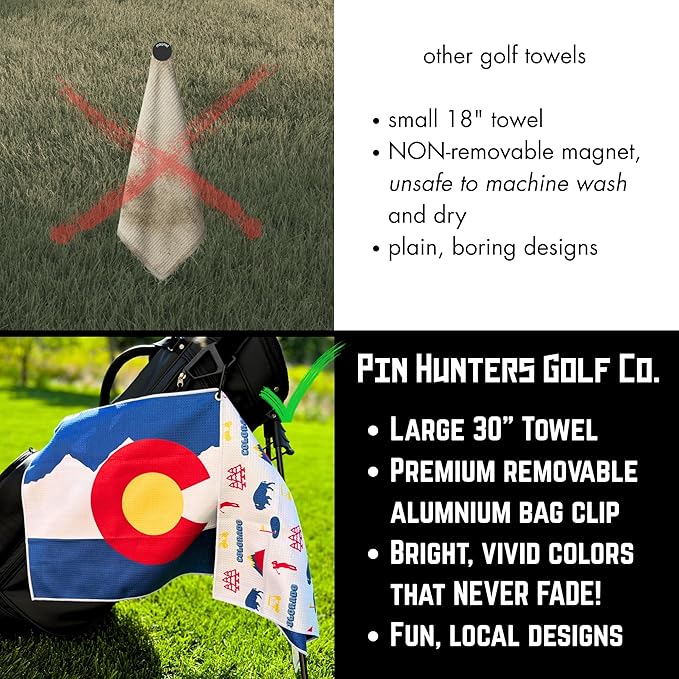 Pin Hunters Colorado Flag Microfiber Golf Towel | Premium Waffle Towel with Clip | Large 31"×15.5" Towel for Golf Bags | Accessories for Men | Fun Gift for Husband | USA Pride