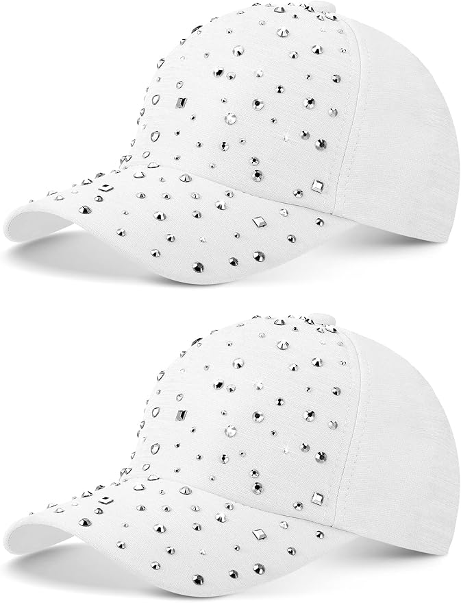 Loopeer 2 Pcs Adjustable Breathable Rhinestone Baseball Cap for Women Men Sequins Casual Sports Cap Rhinestone Hat