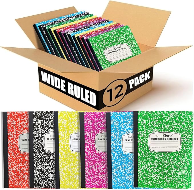 PARTH iMPEX 12 Pack Bulk Composition Notebooks Wide Ruled, 200 Pages, 9-3/4 x by PARTHIMPEX