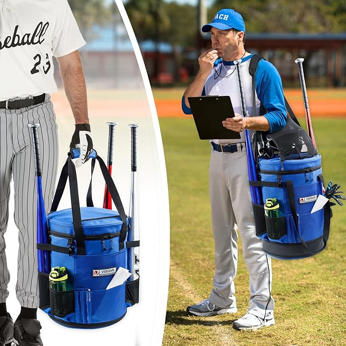 VIGERARI Baseball Bucket Bag- Coach Bag-Expandable Softball Bucket Organizer with Padded Seat