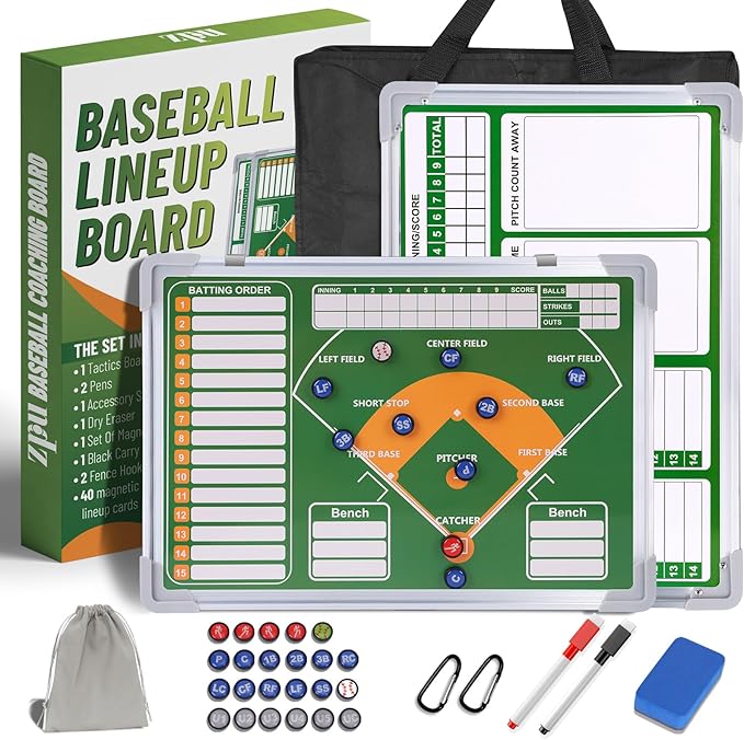 ZPU Magnetic Baseball Lineup Board for Dugout, Baseball/Softball Clipboard for Coaches, Baseball Coaching Board with Dry Erase, Marker pens, Magnets & Storage Bag