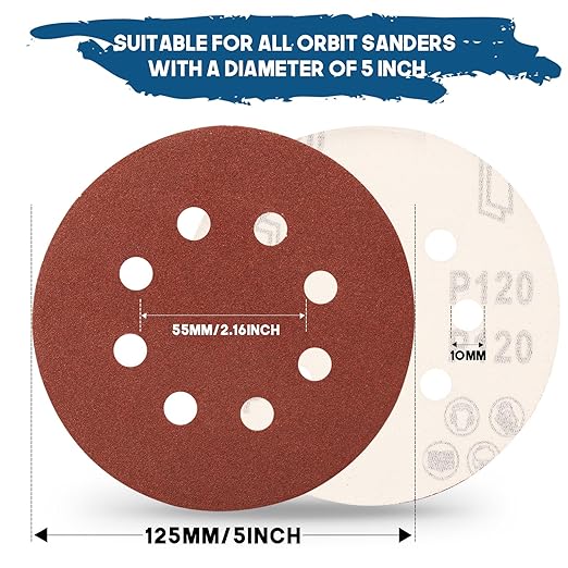 5 Inch 8 Hole Sanding Discs, Round Aluminum Oxide Sand Paper Discs - Image 3