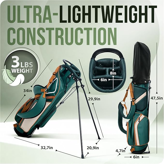 Ultra-Lite Golf Stand Bag - 3 Lbs, 4 Way Divider Portable Golf Club Carry Bag, Water-Repellent Golf Travel Case with Rain Hood, Golf Gifts for Men and Women