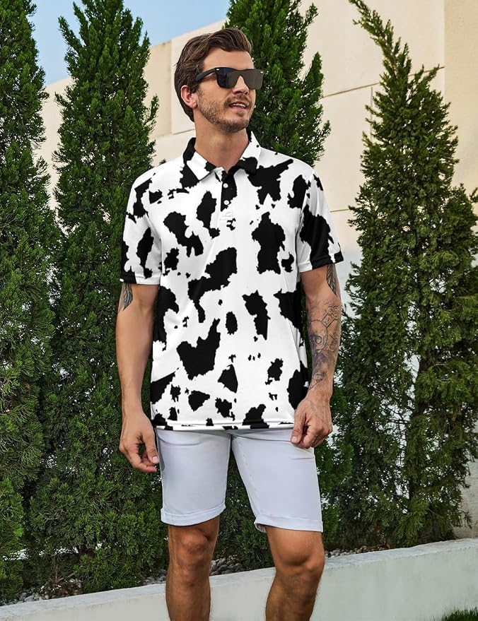 HUURAY Funny Golf Polos for Men Funny Print Short Sleeve Shirts Quick Dry Polo Shirts Hawaiian Shirt Performance Golf Outfits