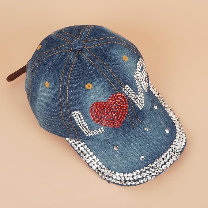 Hoce Fashion Rhinestone Denim Baseball Cap Studded Bling Hat for Women