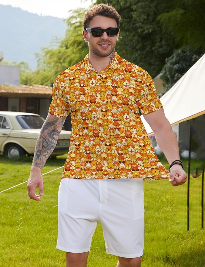HUURAY Funny Golf Polos for Men Funny Print Short Sleeve Shirts Quick Dry Polo Shirts Hawaiian Shirt Performance Golf Outfits