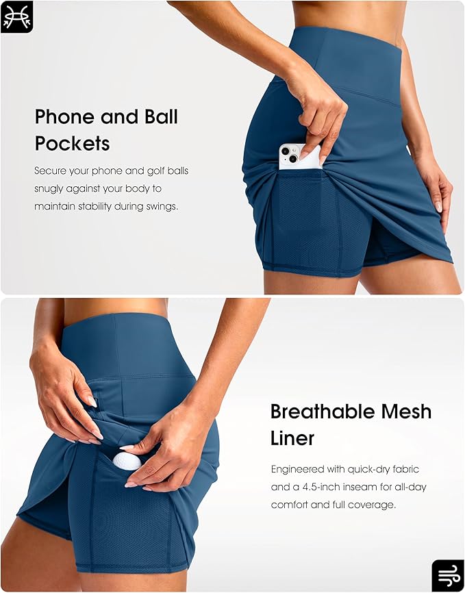 G Gradual 18" Golf Skirts for Women Zipper Pockets Mid Length Skort with Shorts Underneath High Waist Tennis Pickleball