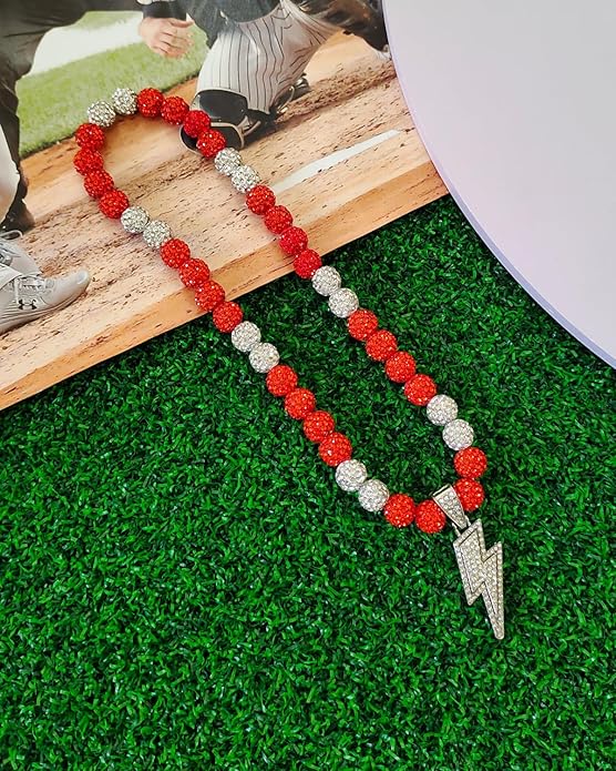 Baseball Necklace for Men 16/18/20 Inch Bling Ice Collection Lightning Bolt Pendant Necklace for Women Rhinestone Clay Beaded Discoball Accessories Gifts for Baseball Team Players Lovers