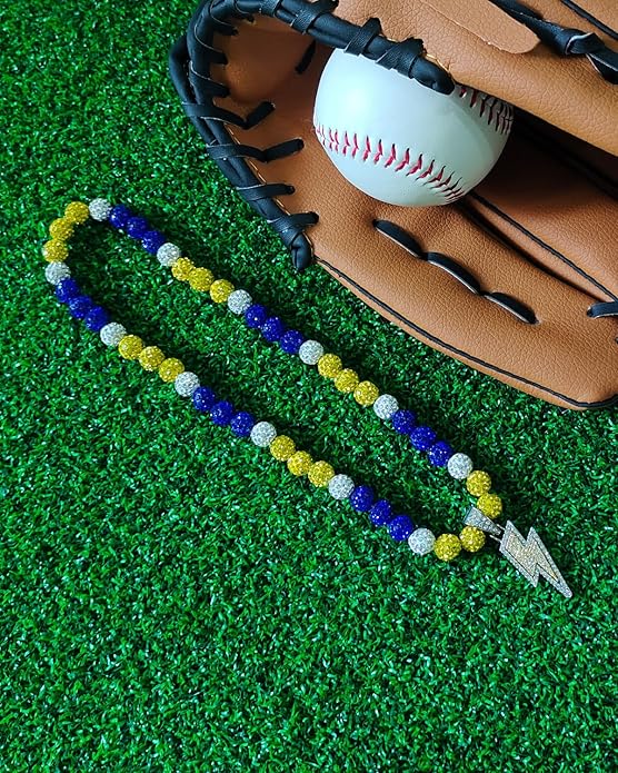 Baseball Necklace for Men 16/18/20 Inch Bling Ice Collection Lightning Bolt Pendant Necklace for Women Rhinestone Clay Beaded Discoball Accessories Gifts for Baseball Team Players Lovers