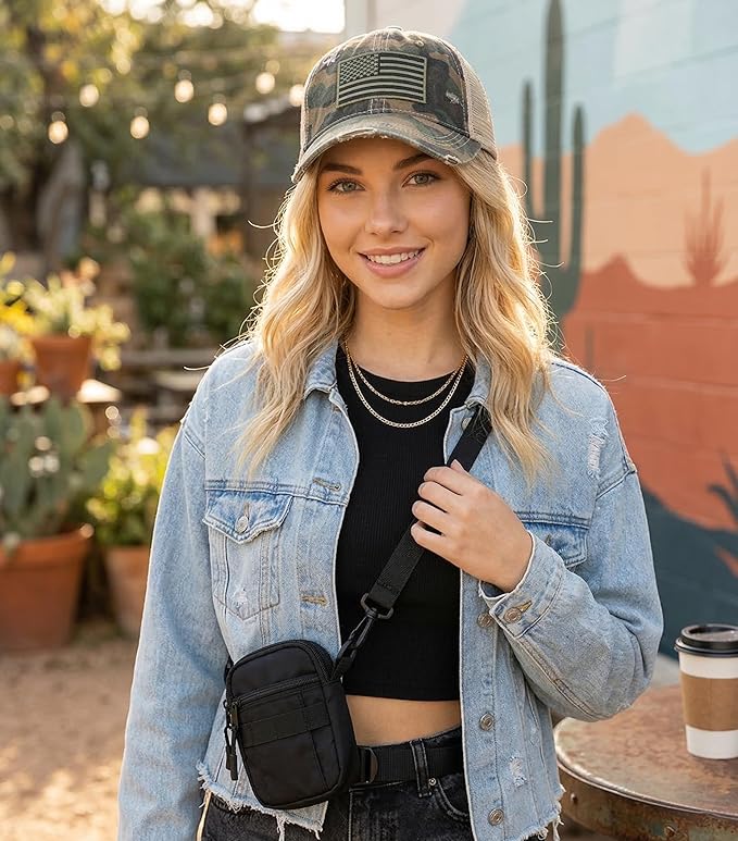 Funky Junque Trucker Hat for Women – Distressed Low Profile Western Camo Baseball Cap with Mesh, Trendy and Adjustable Fit