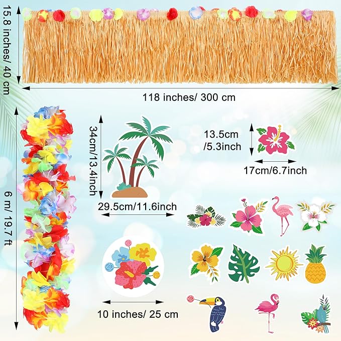 Zeyune 19 Pcs Summer Parade Golf Cart Decorations Kit Hawaiian Luau Grass Fringe Banner 19.7 ft Plastic Flower Lei Garland Summer Luau Stickers for Golf Cart Summer Theme Decorations