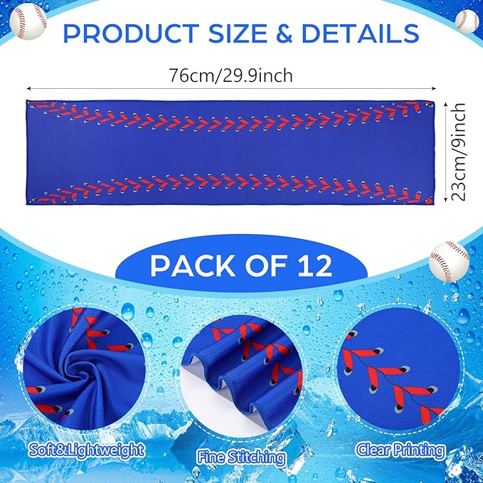 Peryiter 12 Counts Mini Cooling Towel, 30" x 9" Baseball Softball Soccer Golf Sweat Towel, Breathable Chilly Rag, Microfiber Sport Rags for Team Gym Running Coach Gift