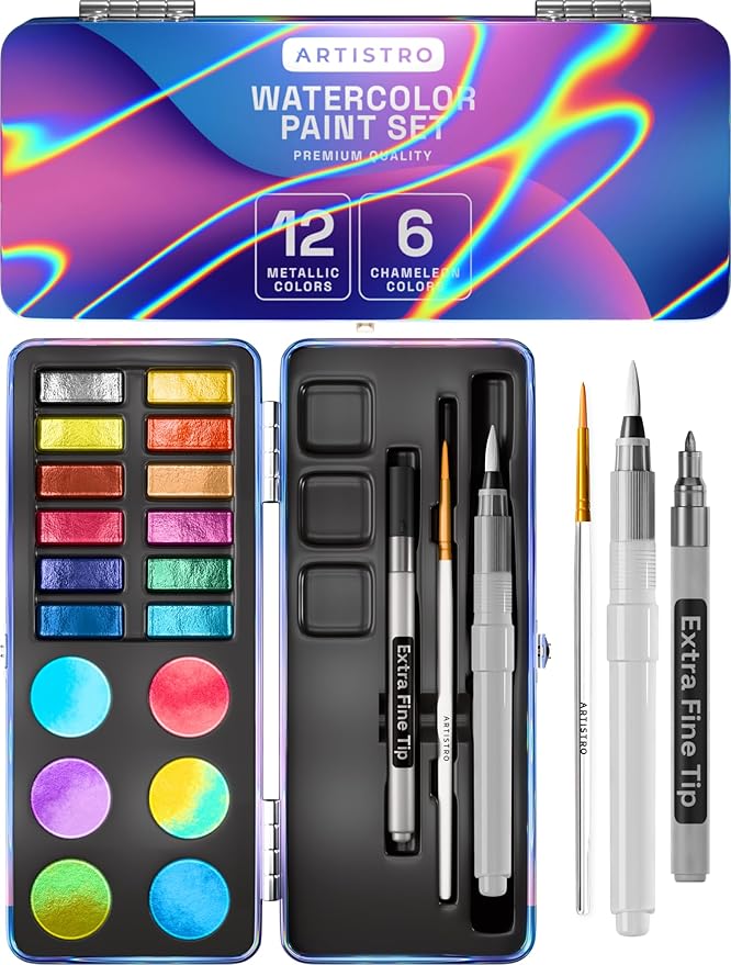 ARTISTRO Metallic Watercolor Paints Set of 18, Palette set Including 12 by ARTISTRO