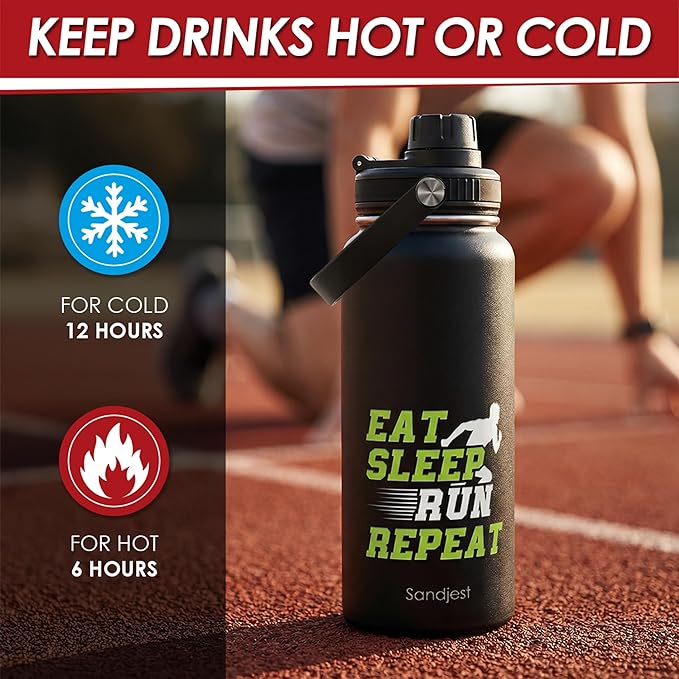 SANDJEST Running Insulated Stainless Steel Water Bottle 32oz, Eat Sleap Run Repeat, Vacuum Chug Lid Travel Tumbler for Men Friends Dad Brothers Runners, Gift for Birthday Christmas