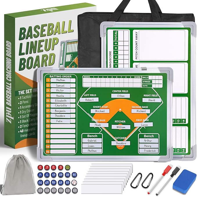 ZPU Magnetic Baseball Lineup Board for Dugout, Baseball/Softball Clipboard for Coaches, Baseball Coaching Board with Dry Erase, Marker pens, Lineup Cards, Magnets & Storage Bag