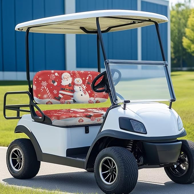 Bulopur Christmas Golf Cart Front Seat Covers Ezgo TXT Club Car Santa Claus Snowman Golf Cart Towel Seat Covers 2 Pack Red Christmas Golfcart Decorations Kit Universal Fit and Easy to Install