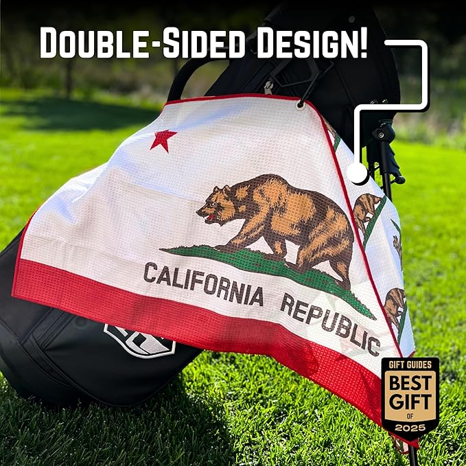 Pin Hunters California Flag Microfiber Golf Towel | Premium Waffle Towel with Clip | Large 31"×15.5" Towel for Golf Bags | Accessories for Men | Fun Gift for Husband | USA Pride