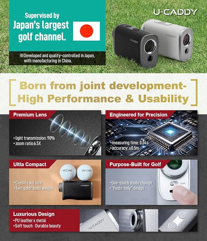 【Co-Developed with one of Japan’s Largest Golf Channels UUUM Golf】 U-CADDY Laser Golf Rangefinder, Pin Lock Vibration, 6.5X Magnification, Slope Switch, Compact Fast Finder