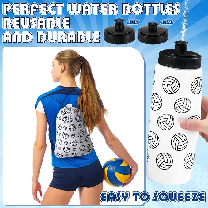 Funnymoom 12 Pcs Volleyball Water Bottle Drawstring Bag Set with 50 Sticker Volleyballs Party Favors 6 Reusable Sports Squeeze Water Bottle 20oz 6 Volleyballs Goodie Gift Bag