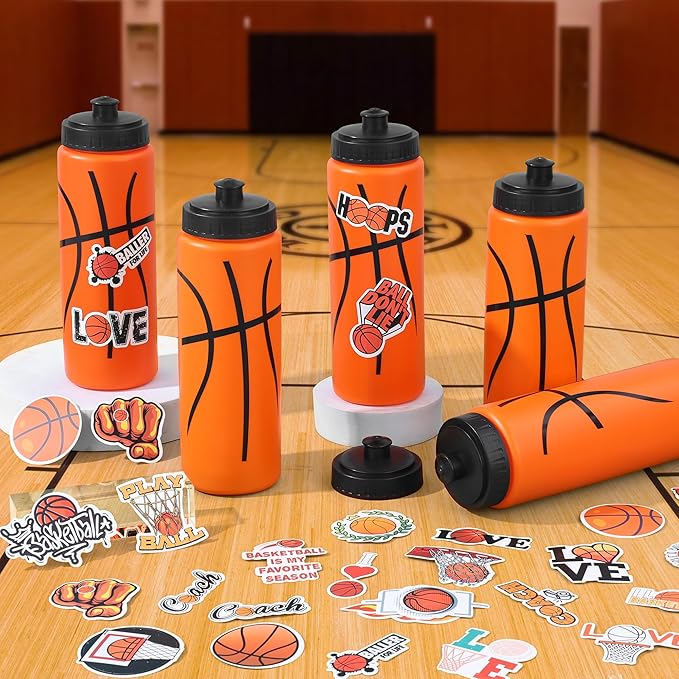 DI QIU REN 12 PCS Basketball Water Bottle Bulk with 300 PCS Stickers, 20 OZ Plastic Reusable Basketball Water Bottles for Boys, Squeeze Water Bottles Sports for Team