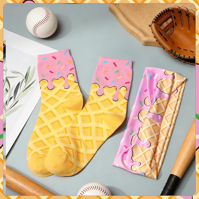 Ice Cream Baseball Headband and Ice Cream Sock Sports Elastic Sweatband Funny Sports Baseball Gifts for Youth Teen Women Men Athletes Football Basketball Running Gym Party Favors